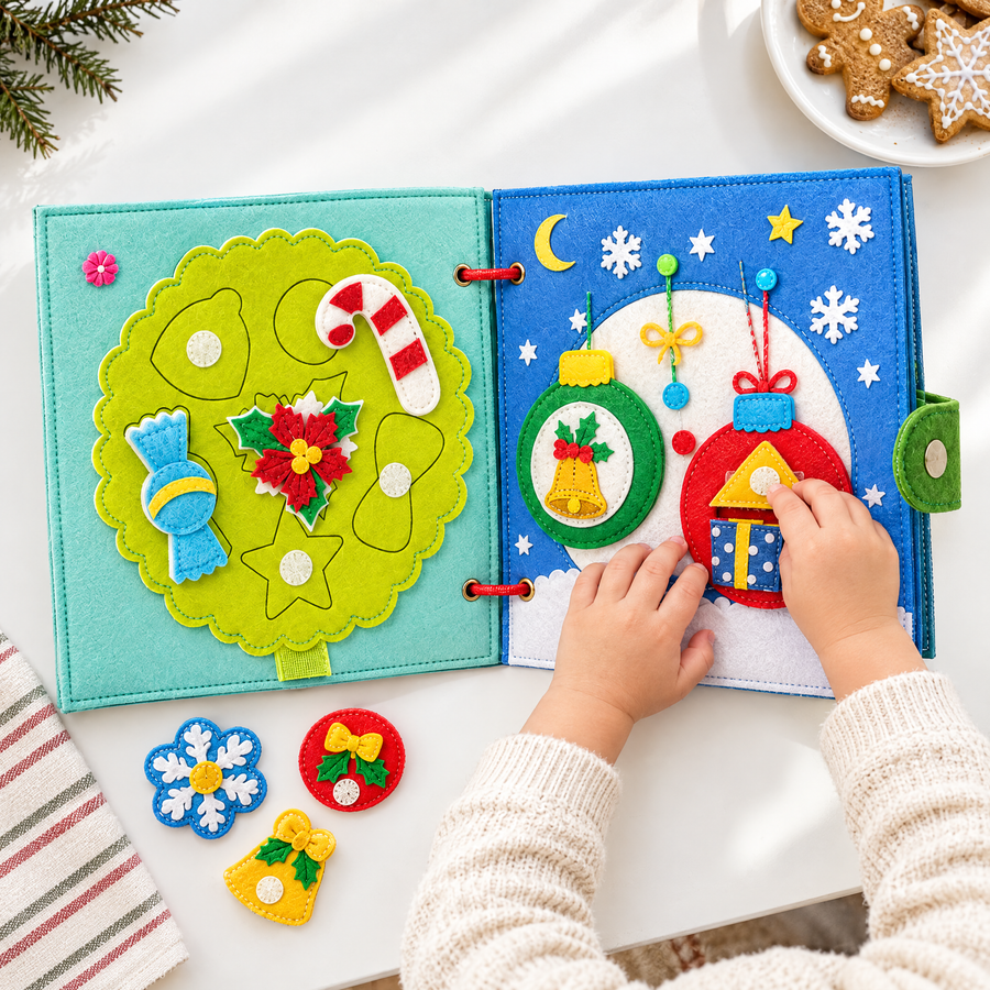 Toddler hands placing felt ornaments in the Santa busy book