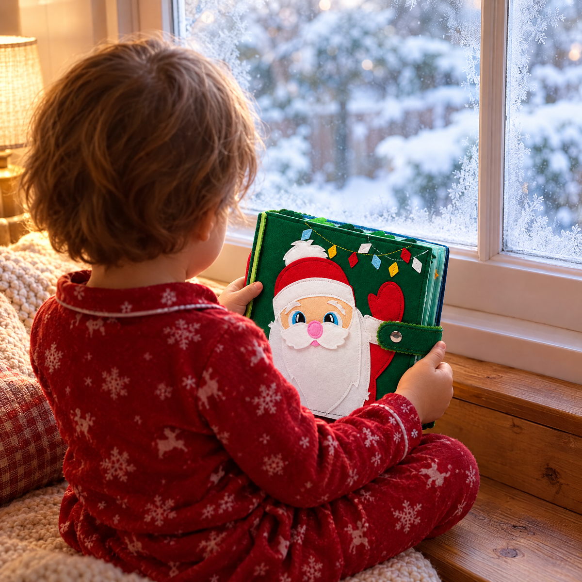 Child in pajamas reading the Santa busy book by a snowy window