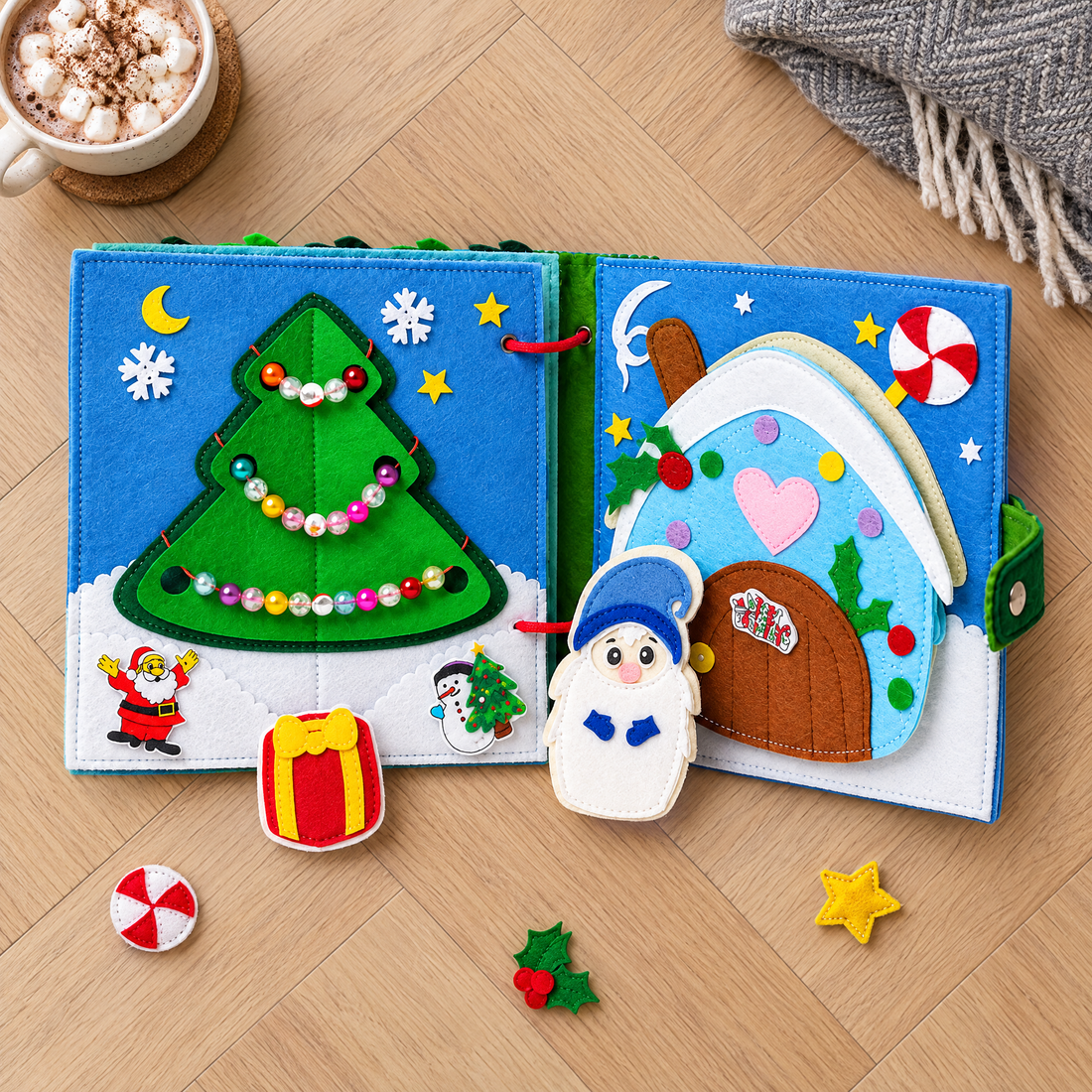Open Santa busy book with Christmas tree and snowy house pages