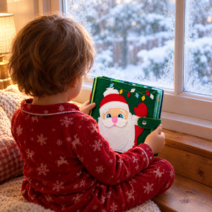 Child in pajamas reading the Santa busy book by a snowy window
